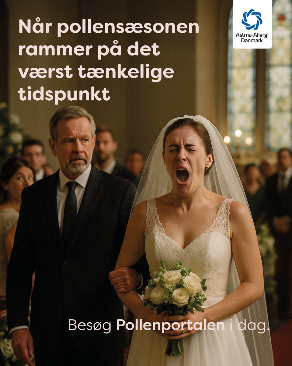Pollenkampagne-annonce: en brud nyser på vej op ad kirkegulvet