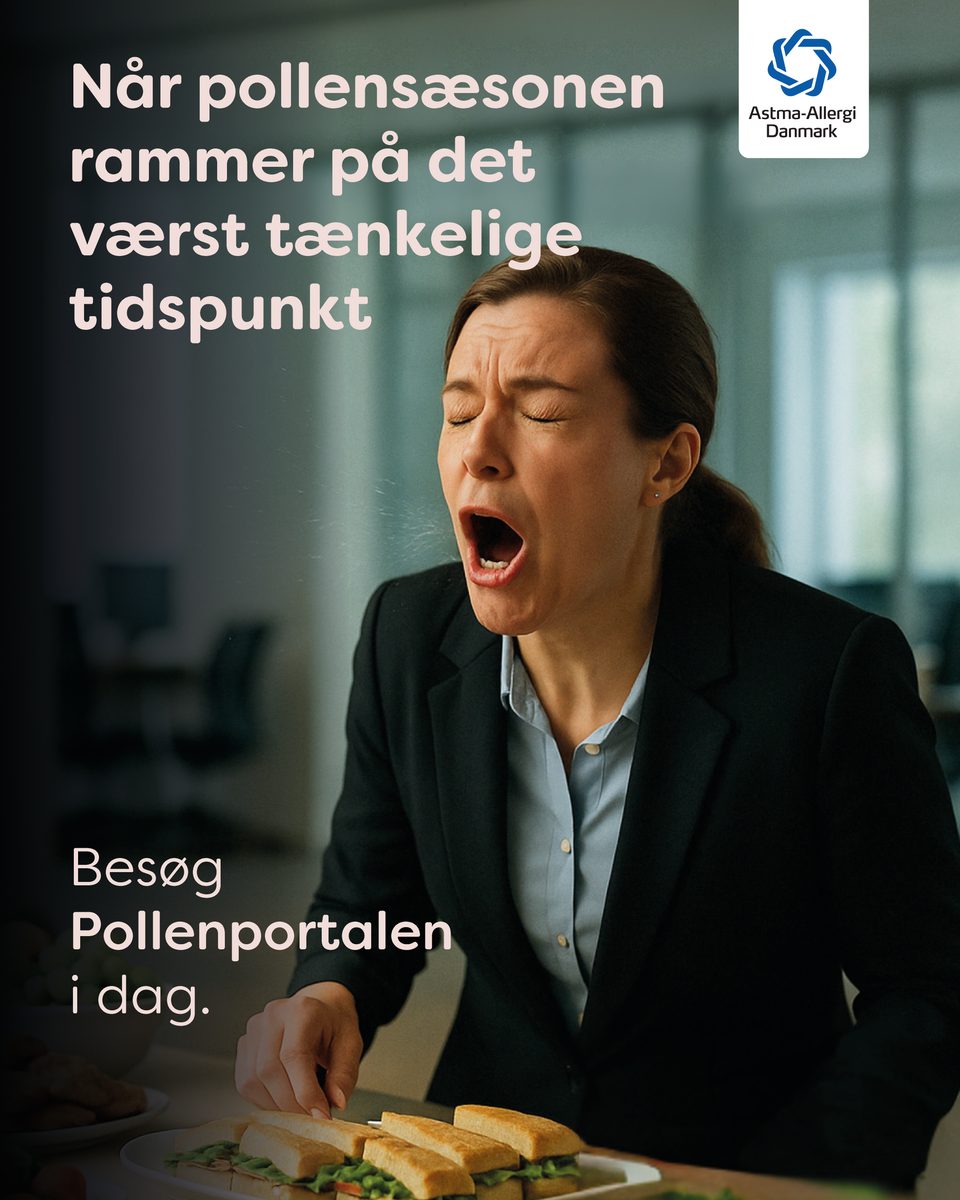 Pollenkampagne-annonce: en kvinde nyser hen over frokostbuffeten