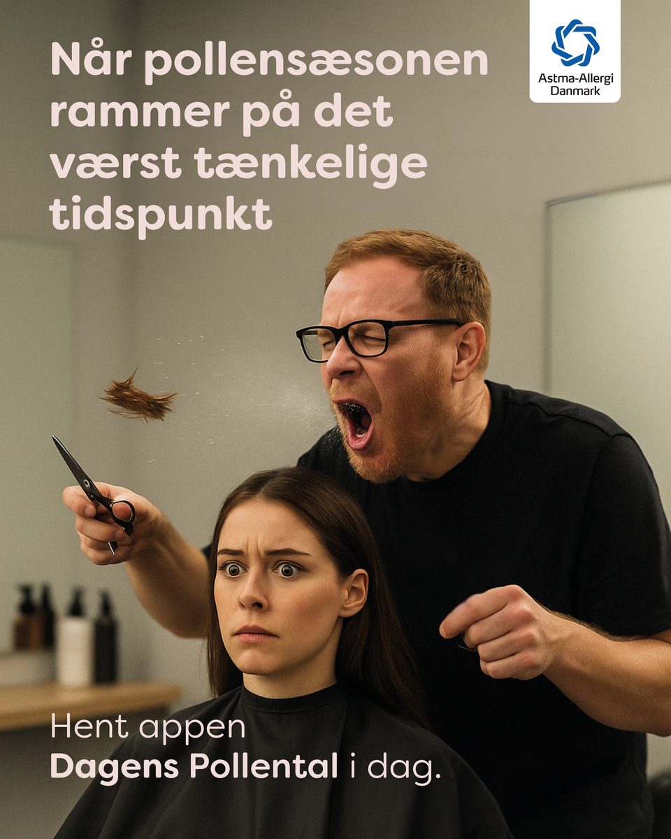 Pollenkampagne-annonce: en frisør nyser midt i klippet, så håret ryger skævt