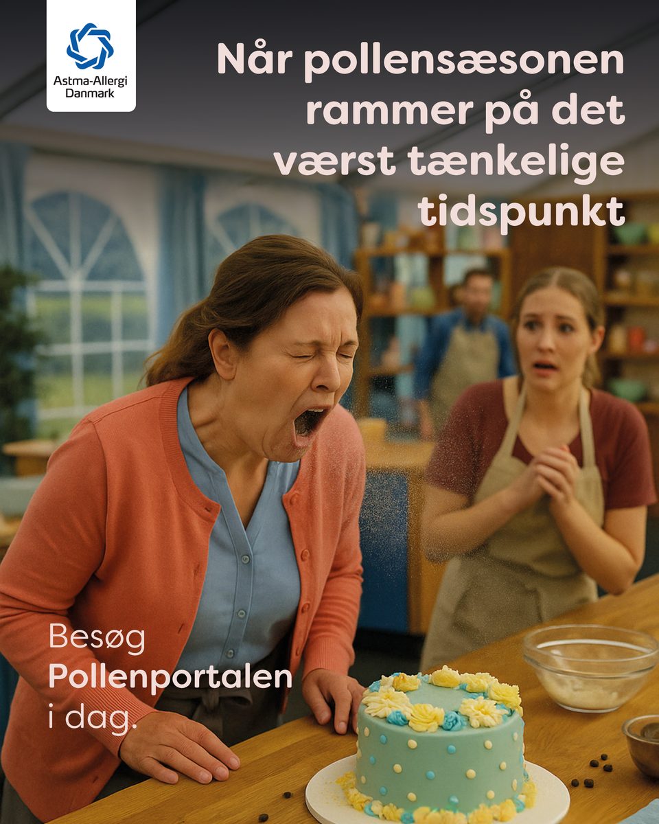 Pollenkampagne-annonce: en kvinde nyser hen over en nydekoreret kage