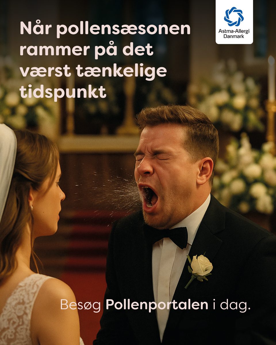 Pollenkampagne-annonce: en brudgom nyser direkte mod bruden ved alteret