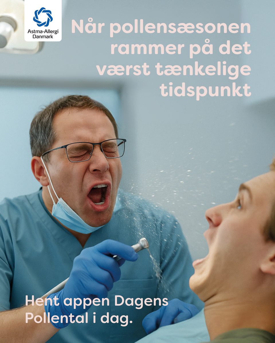 Pollenkampagne-annonce: en tandlæge nyser med boret i munden på en patient