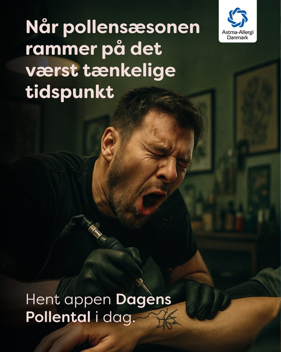 Annonce fra kampagnen Når pollensæsonen rammer: en tatovør nyser midt i en streg