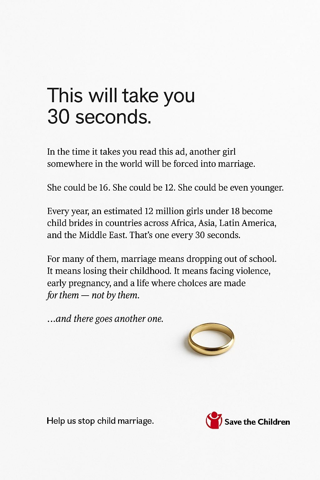 Den originale printannonce: en guldring på lys baggrund med teksten This will take you 30 seconds to read
