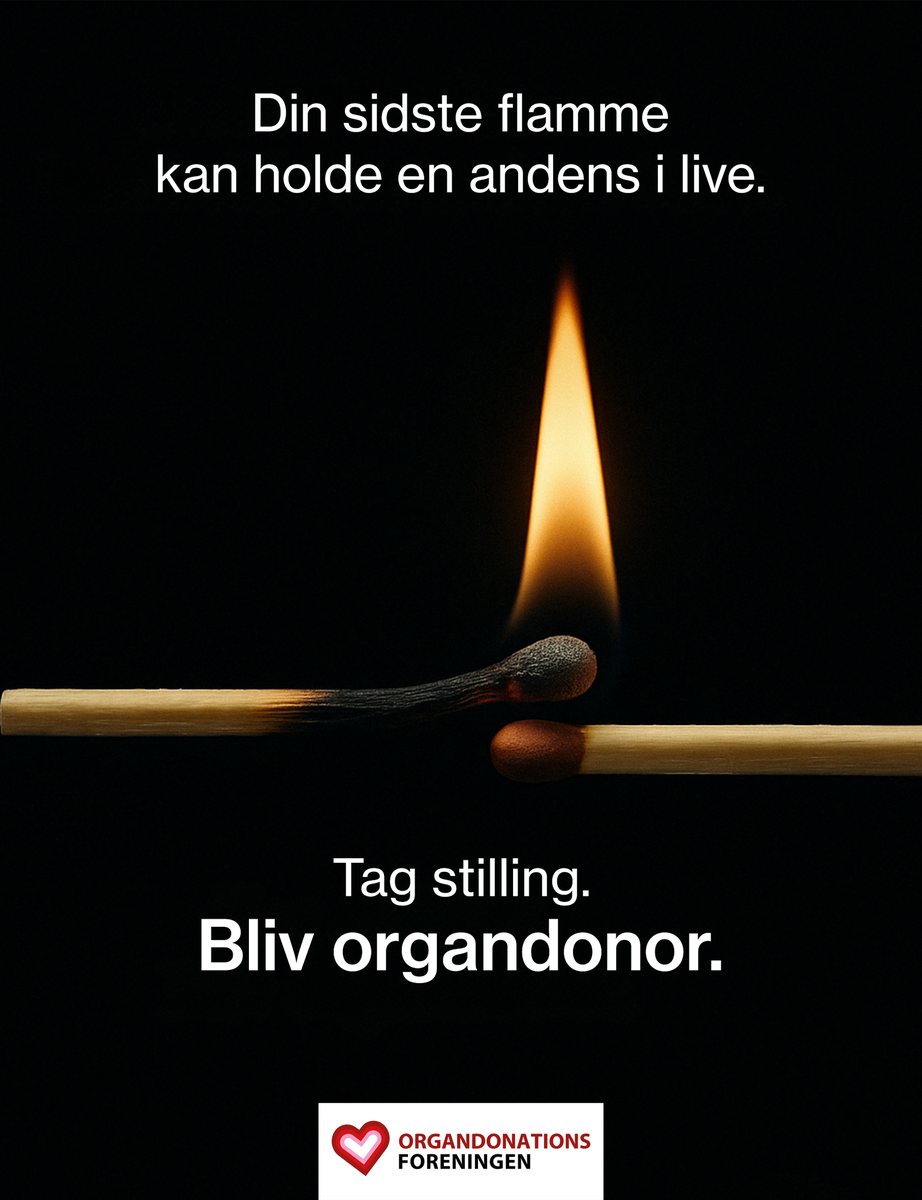 Annonce til sociale medier: en næsten nedbrændt tændstik tænder en frisk en, med teksten Din sidste flamme kan holde en andens i live