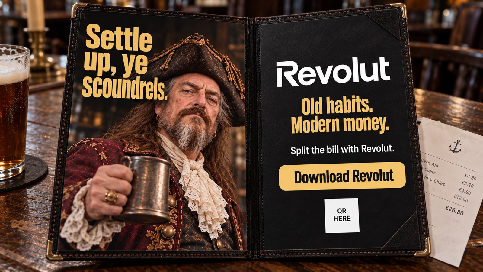 Konceptmockup af en regningsholder på en pub med Briggs og en opfordring til at hente Revolut