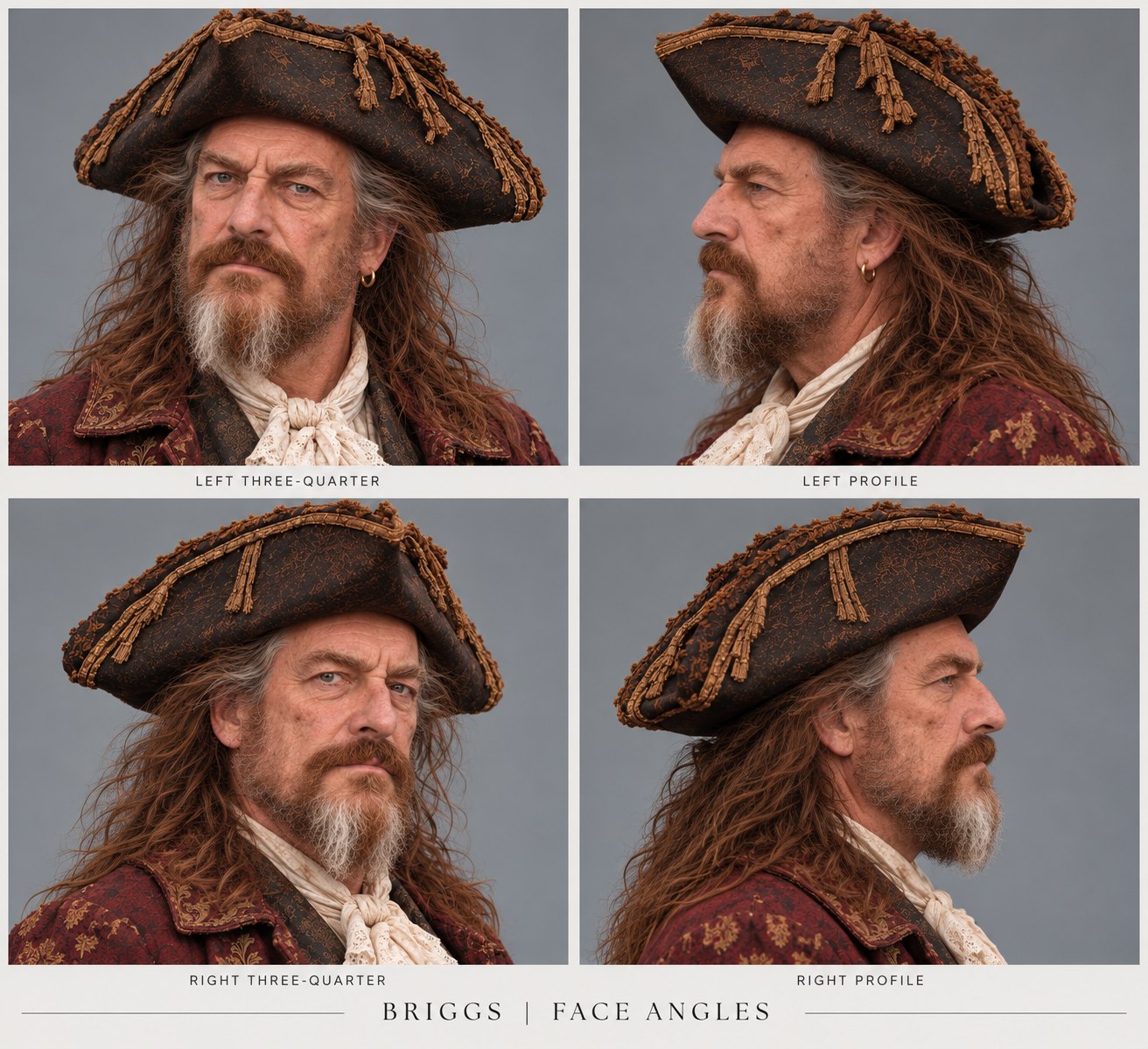 Captain Briggs’ ansigt set fra flere vinkler på karakterarket