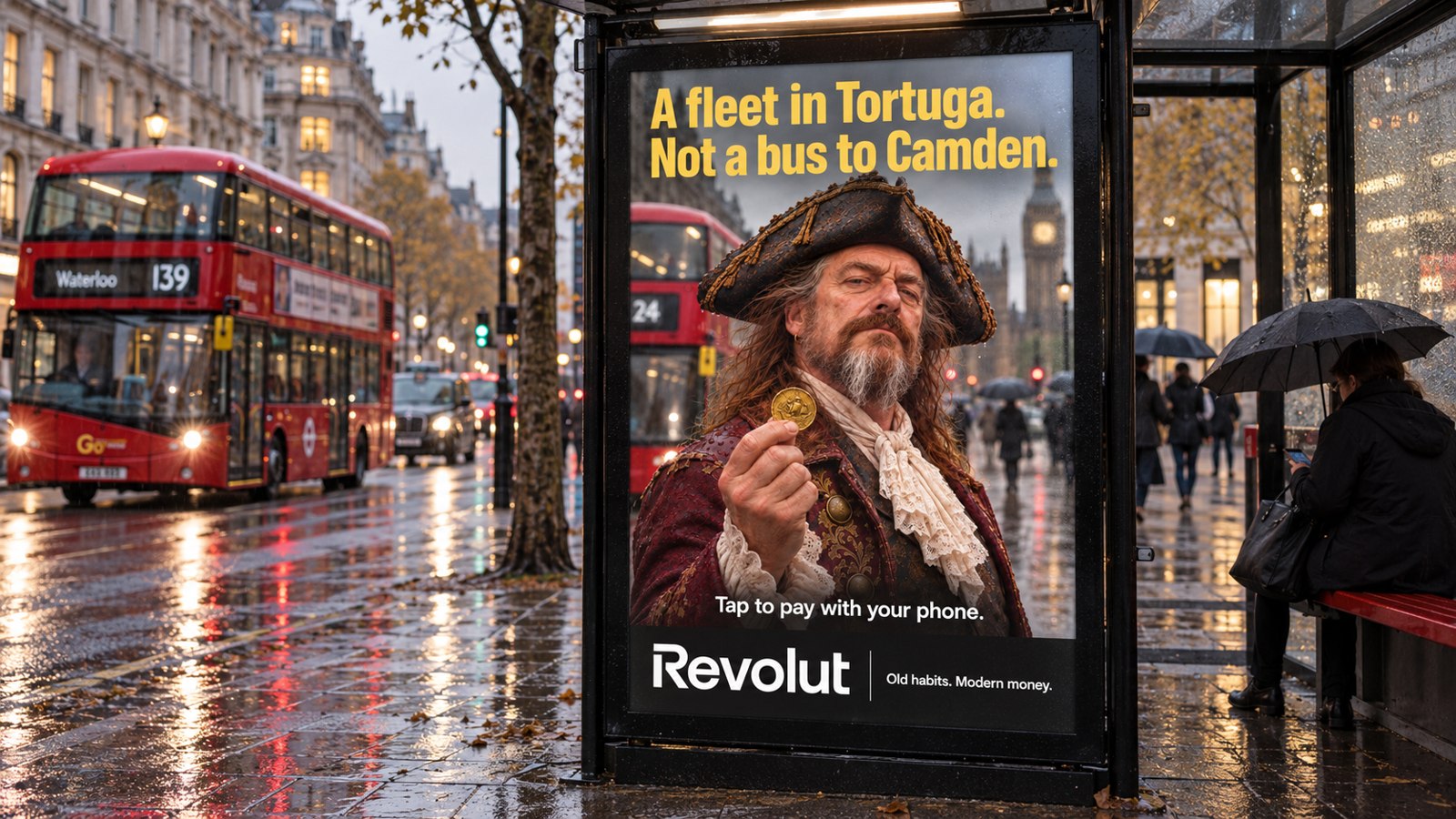 Konceptmockup af Revolut-annonce med Briggs og en guldmønt i et regnvådt London-busskur