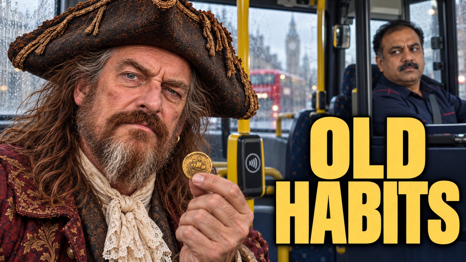 Captain Briggs med en guldmønt i bussen og titlen Old Habits