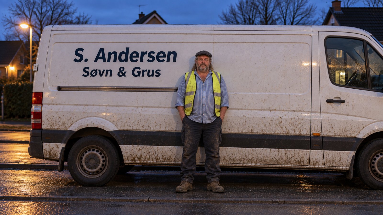 Sander Andersen foran sin hvide varevogn med teksten Søvn & Grus