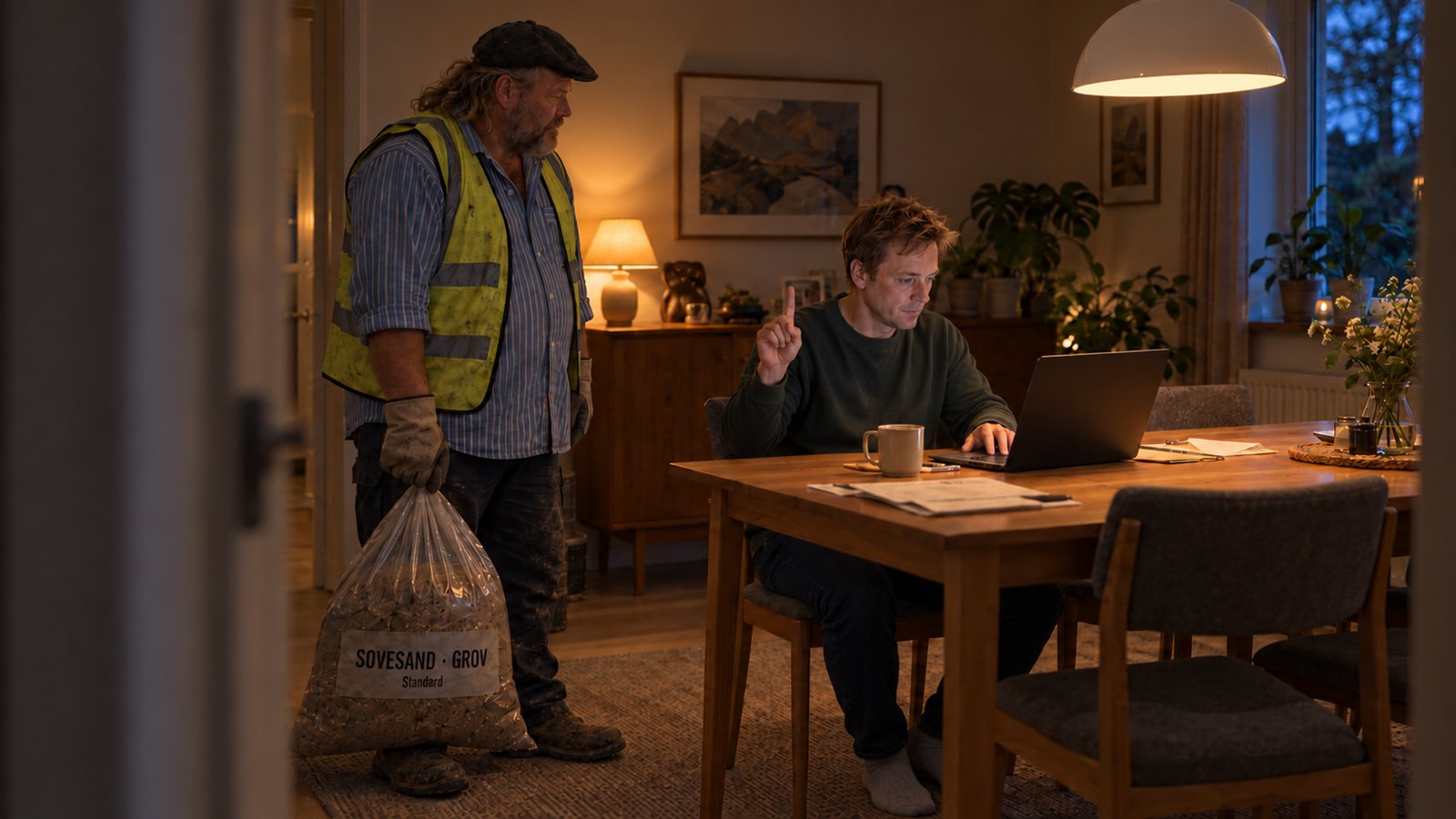 Faren løfter en pegefinger ved computeren, mens Sander står klar med sovesandet