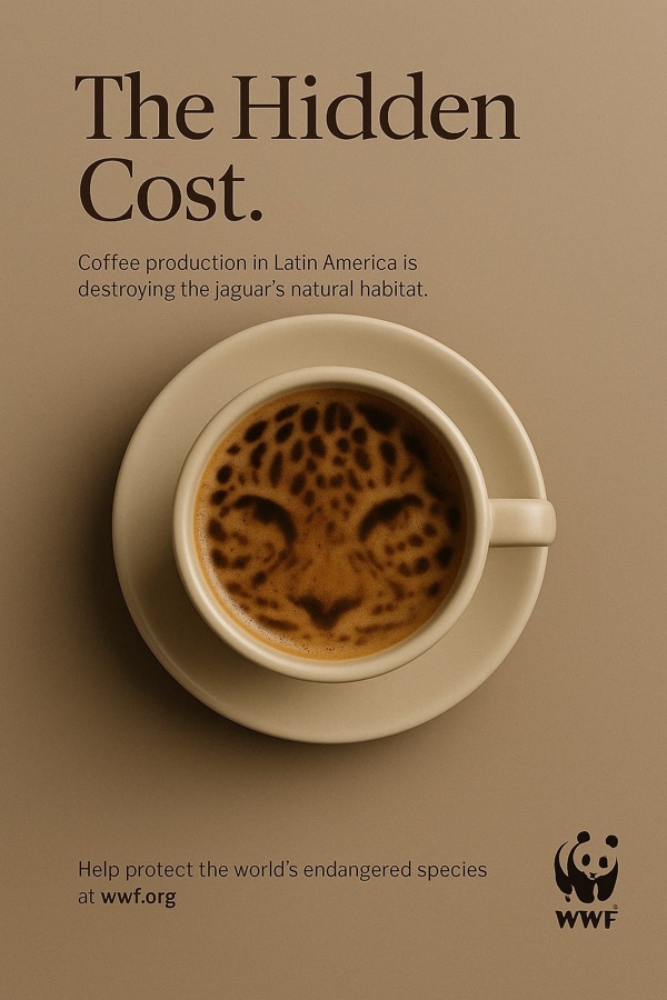 The Hidden Cost-annonce hvor kaffeskummet i en kop former en jaguars ansigt