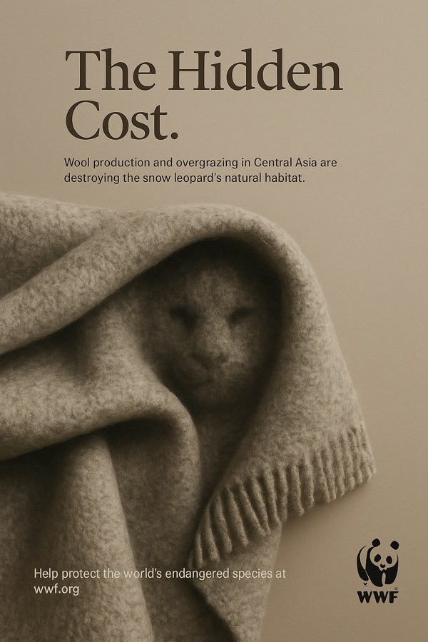 The Hidden Cost-annonce hvor et foldet uldtæppe former en sneleopards ansigt
