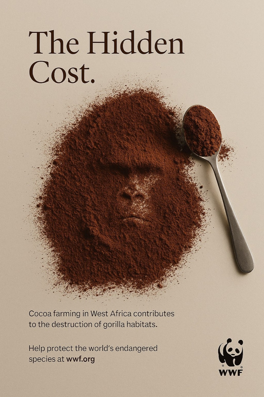 Printannonce fra konceptkampagnen The Hidden Cost: kakao der former en gorillas ansigt