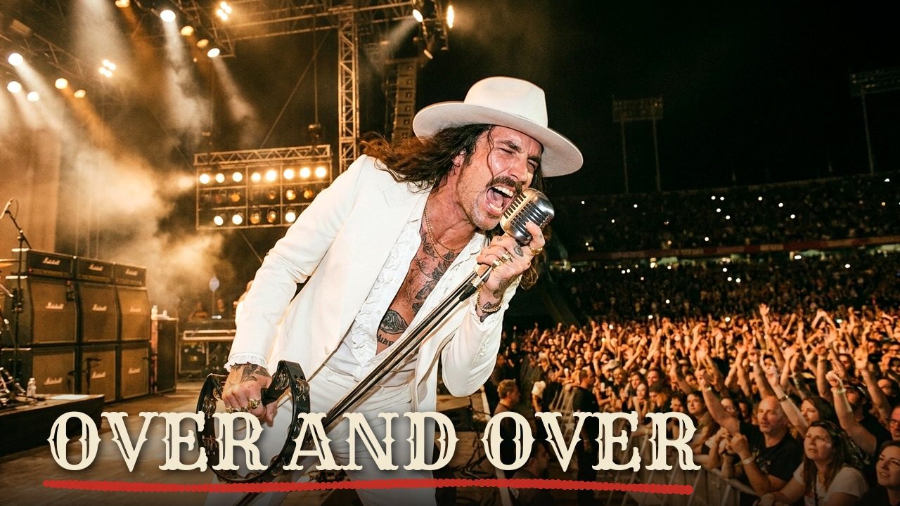 Ellis Tolliver på scenen foran et udsolgt stadion i musikvideoen Over and Over